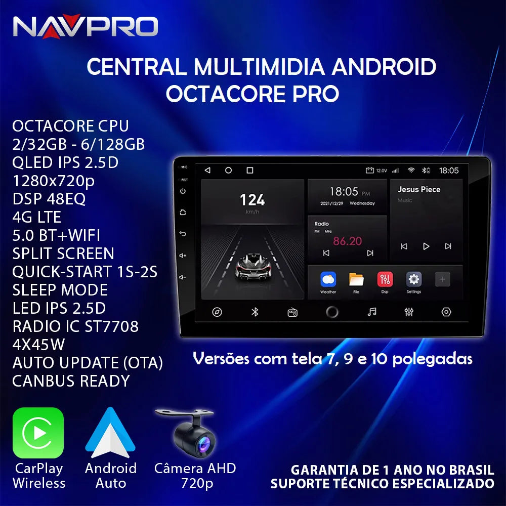 Central Multimidia OCTACORE PRO UNIVERSAL Tela QLED IPS NAVPRO Carplay + Android Auto sem fio