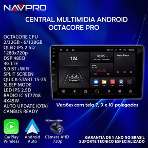 Central Multimidia OCTACORE PRO UNIVERSAL Tela QLED IPS NAVPRO Carplay + Android Auto sem fio